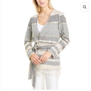 DREW Size Large Textured Knit Top Cream and Black With Waist Tie Lolita Fringe